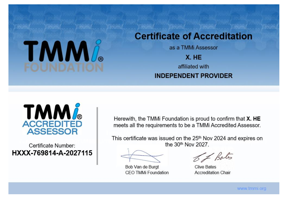 TMMi基金会认证咨询师证书